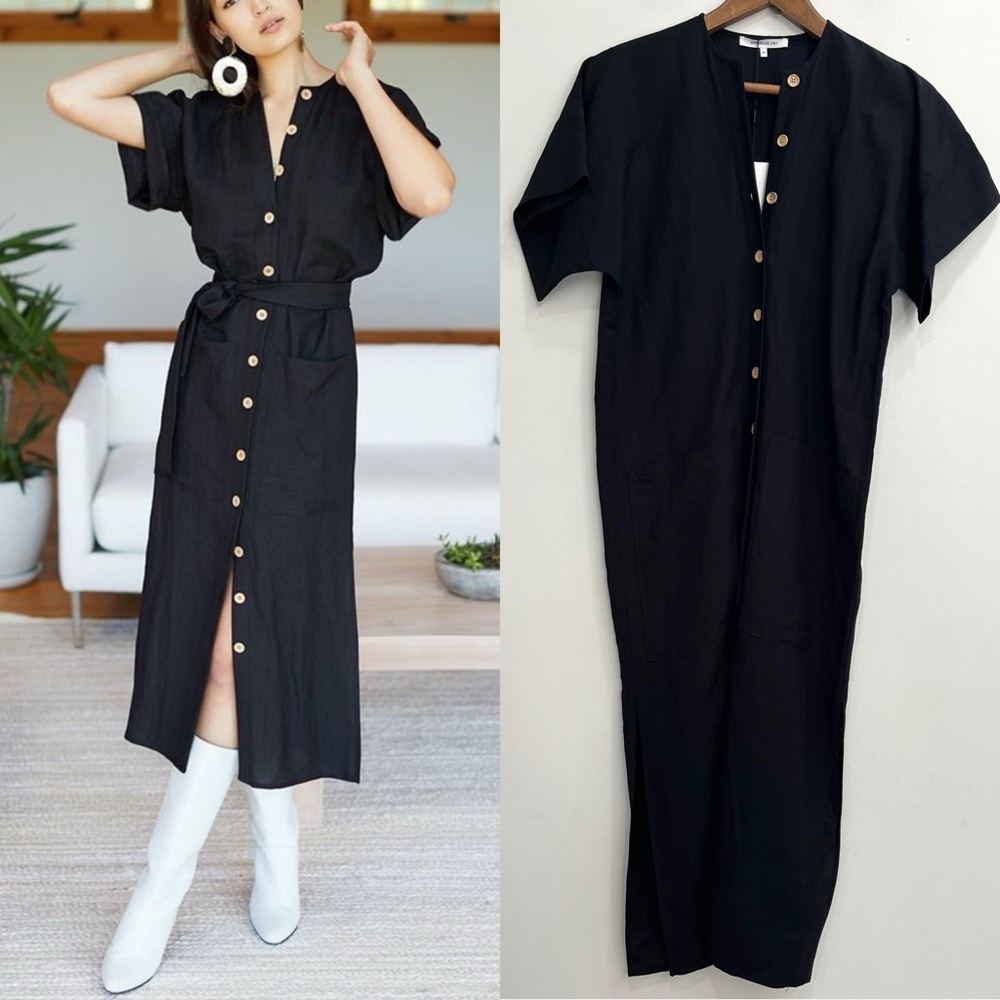 Emerson Fry Desert Midi Dress Black Short Sleeve Full Button Front Linen Blend - Picture 3 of 14